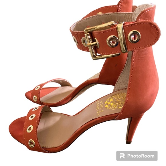 Sold🛑Vince Camuto~Calise Ankle Strap Heels Burnt Orange Gold Hardware, Size 7.5 - Picture 3 of 10